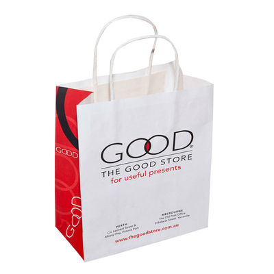 O costume imprimiu os sacos de compras brancos do papel de embalagem com o punho de papel torcido